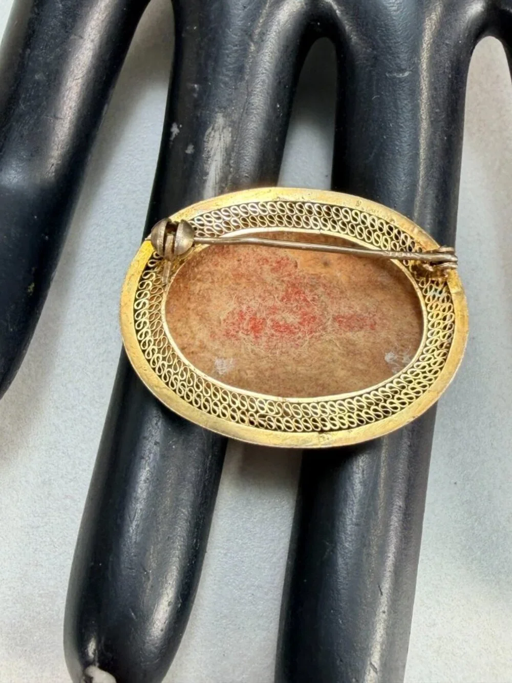 Vintage Chinese Cinnabar Carved Floral Brooch Gold Tone Oval Sterling Silver